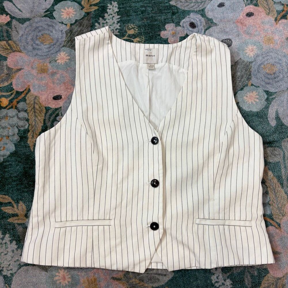 Anthropologie Maeve Blouse Womens Large White Black Striped V-Neck Linen Blend - Picture 5 of 16